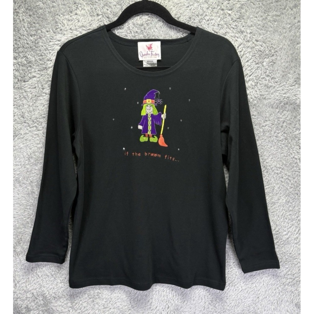 Susan Graver Womens L Halloween Top If the Broom Fits Spider Embroidered Black